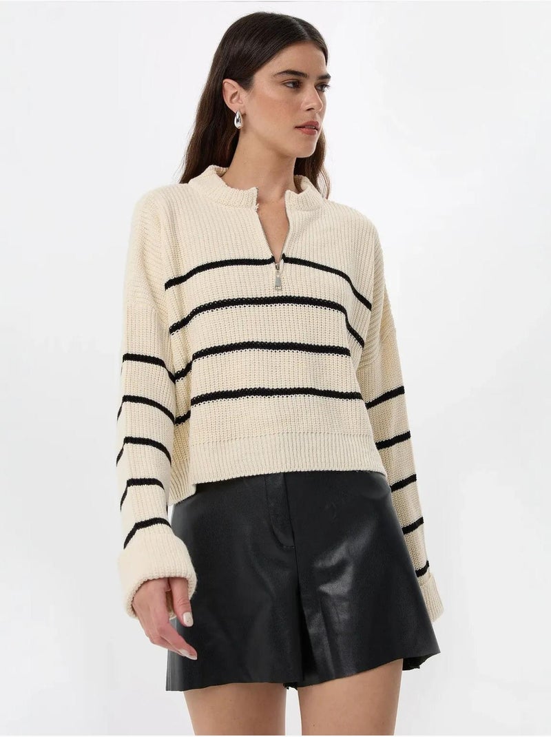 Pull en tricot rayé à fermeture éclair Blanc - Kiabi