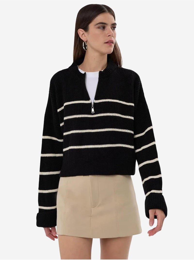 Pull en tricot rayé à fermeture éclair Noir - Kiabi