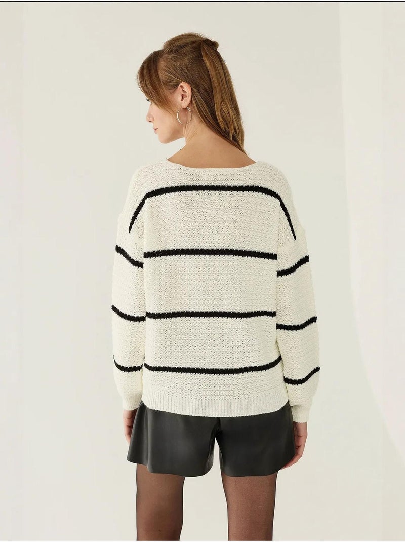 Pull en tricot rayé coupe ample Beige naturel - Kiabi
