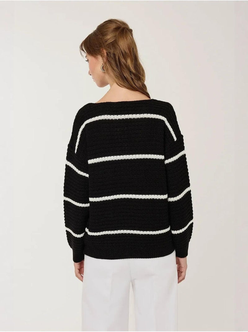 Pull en tricot rayé coupe ample Noir - Kiabi