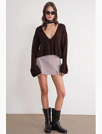 Pull en tricot texturé à col en v et à volants mixray
