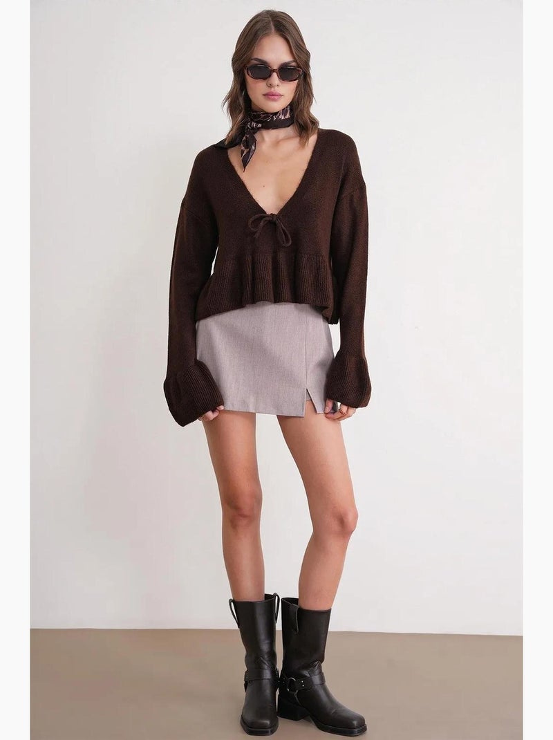 Pull en tricot texturé à col en v et à volants mixray Marron foncé - Kiabi