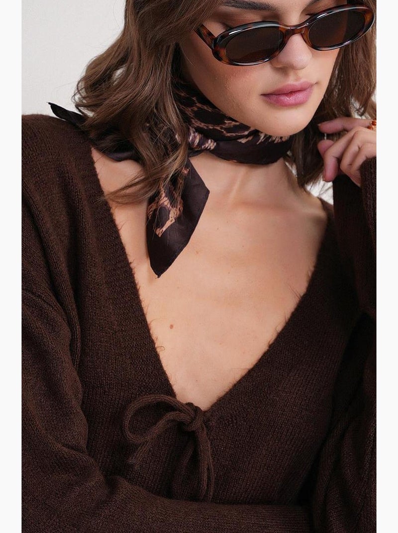 Pull en tricot texturé à col en v et à volants mixray Marron foncé - Kiabi