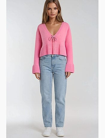 Pull en tricot texturé à col en v et à volants mixray
