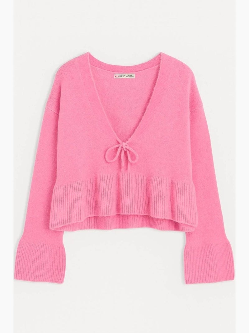 Pull en tricot texturé à col en v et à volants mixray Rose pâle - Kiabi