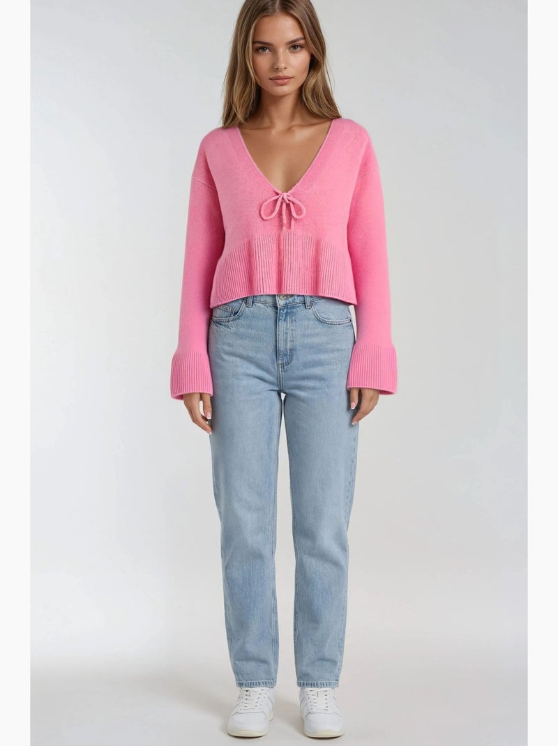 Pull en tricot texturé à col en v et à volants mixray Rose pâle - Kiabi