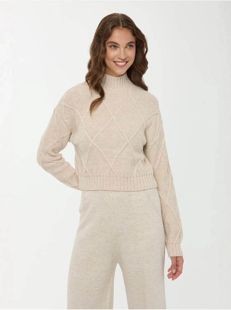 Pull en tricot texturé à demi-col roulé Beige naturel - Kiabi