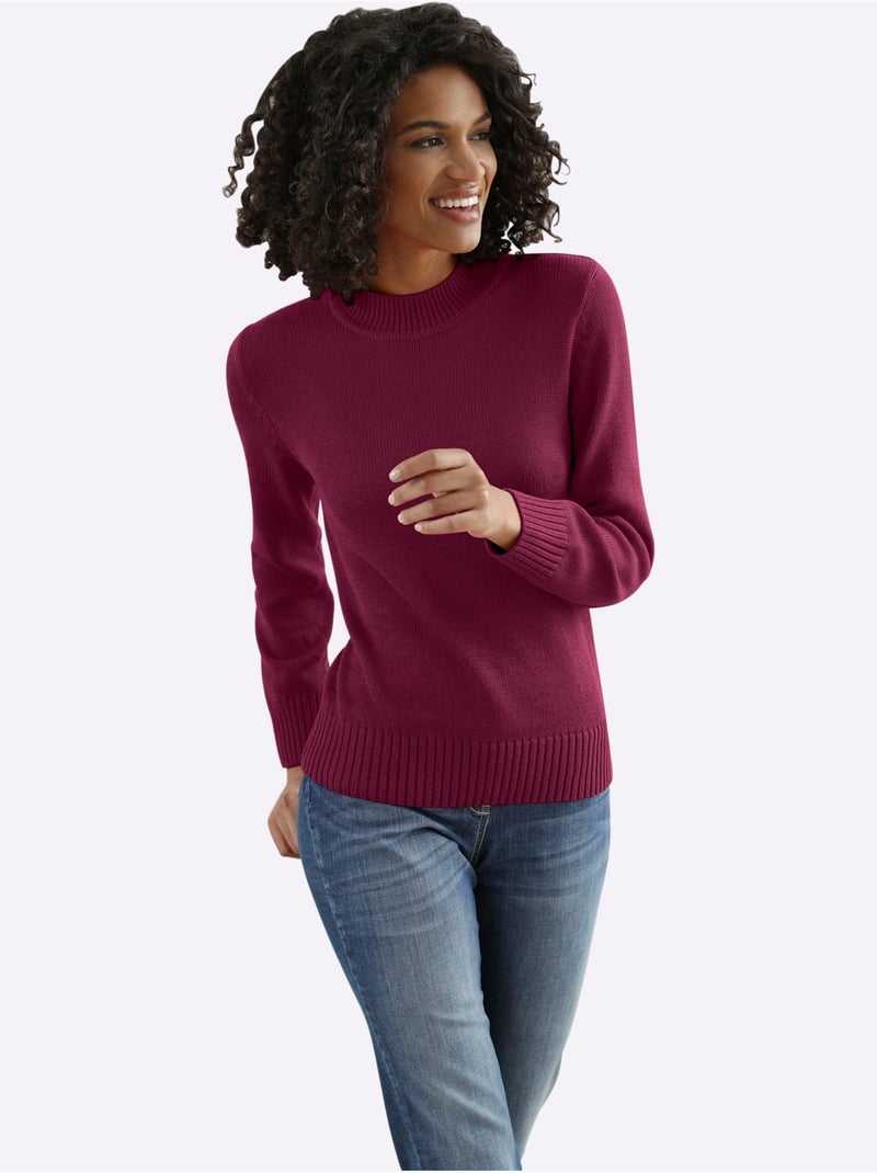 Pull en tricot uni à col montant et ourlet côtelé - taille standard - moda vilona Noir Bordeaux - Kiabi