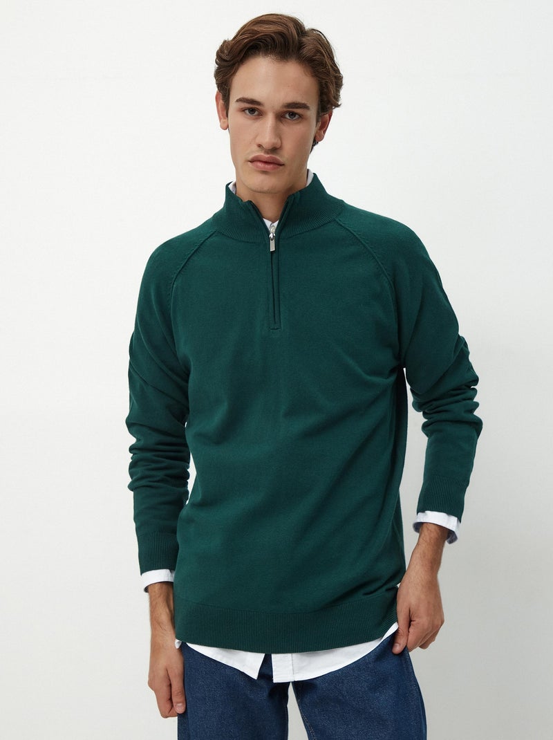 Pull en tricot zippé Vert - Kiabi
