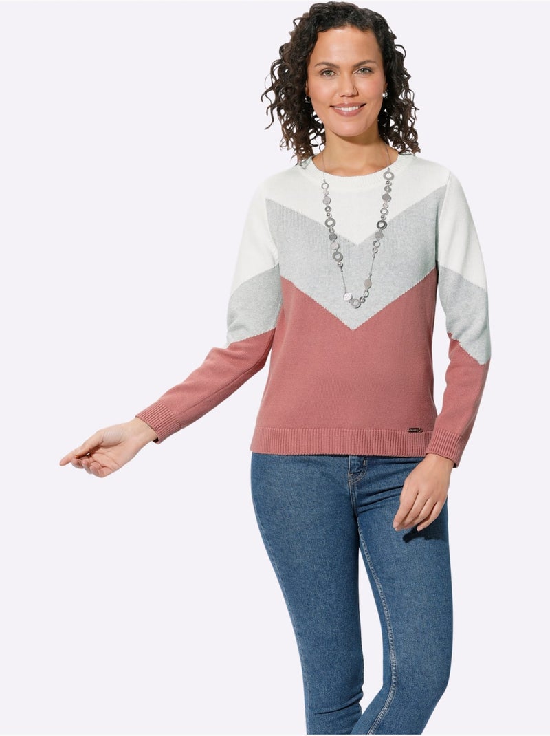 Pull encolure ronde à manches longues avec empiècements graphiques - Taille standard - Witt Bois de rose - Kiabi