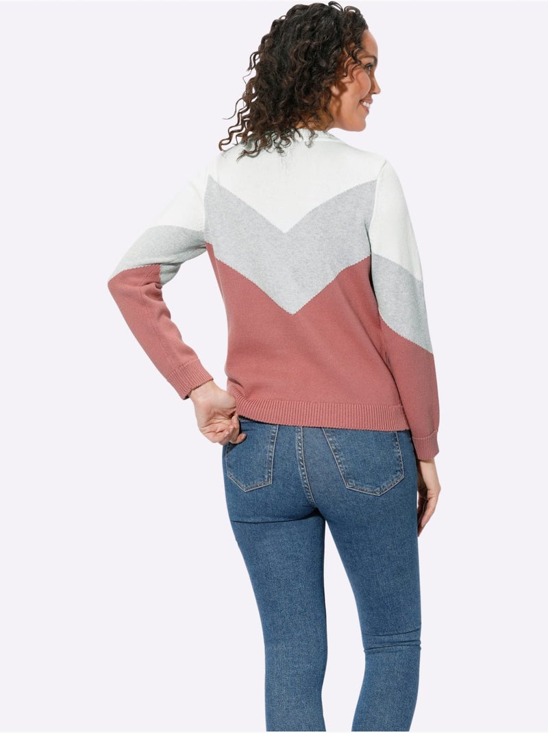 Pull encolure ronde à manches longues avec empiècements graphiques - Taille standard - Witt Bois de rose - Kiabi