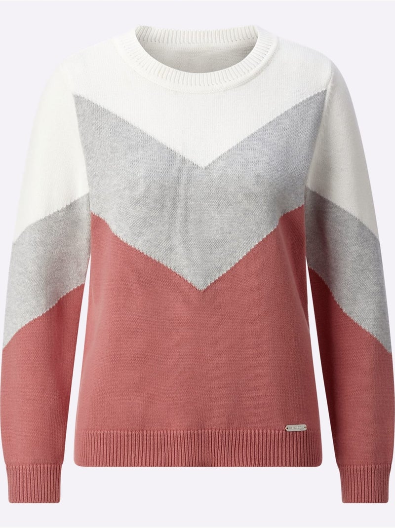 Pull encolure ronde à manches longues avec empiècements graphiques - Taille standard - Witt Bois de rose - Kiabi