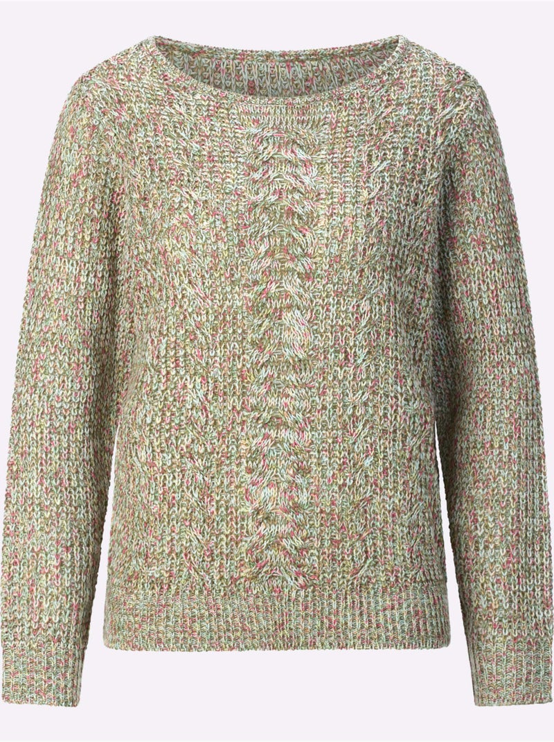 Pull encolure ronde à motifs torsadés et finitions côtelées - Taille standard - Moda Vilona Kaki - Kiabi