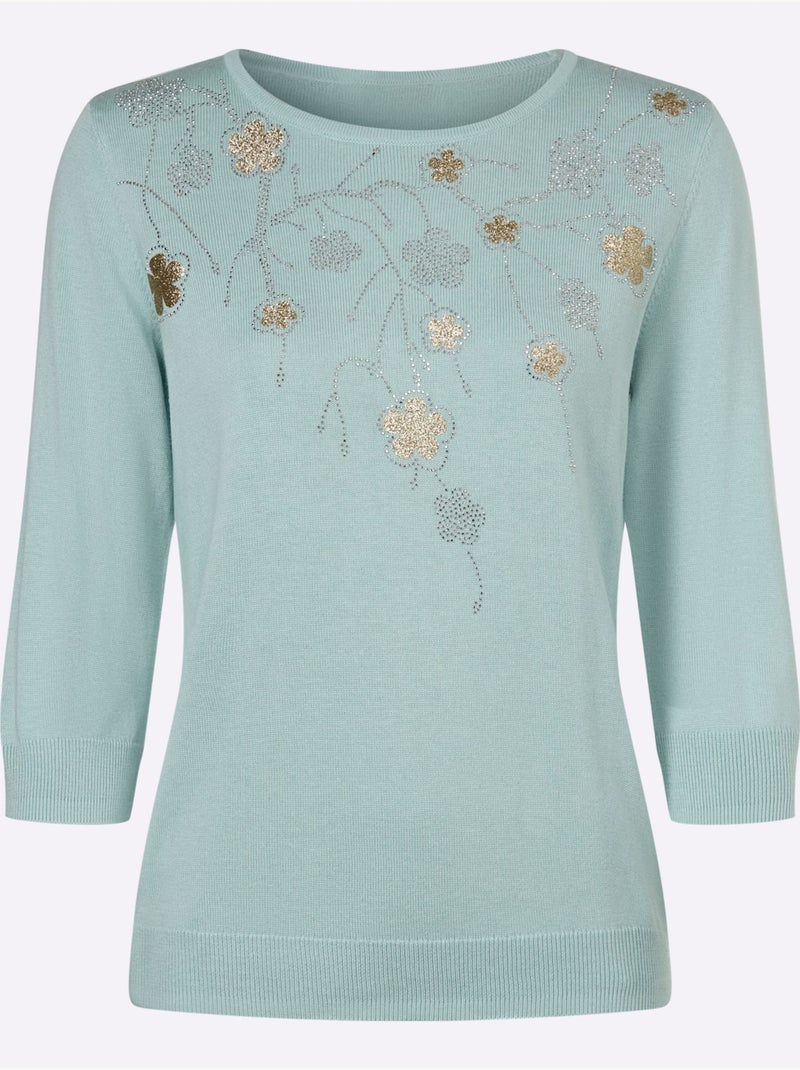 Pull Encolure Ronde Application Florale - Taille Standard - Witt Menthe - Kiabi