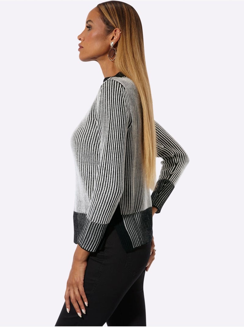 Pull Encolure Ronde Avec Coton Biologique - Taille Standard - Helline Noir Ecru - Kiabi