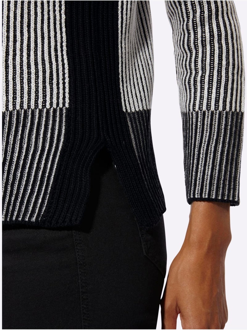Pull Encolure Ronde Avec Coton Biologique - Taille Standard - Helline Noir Ecru - Kiabi