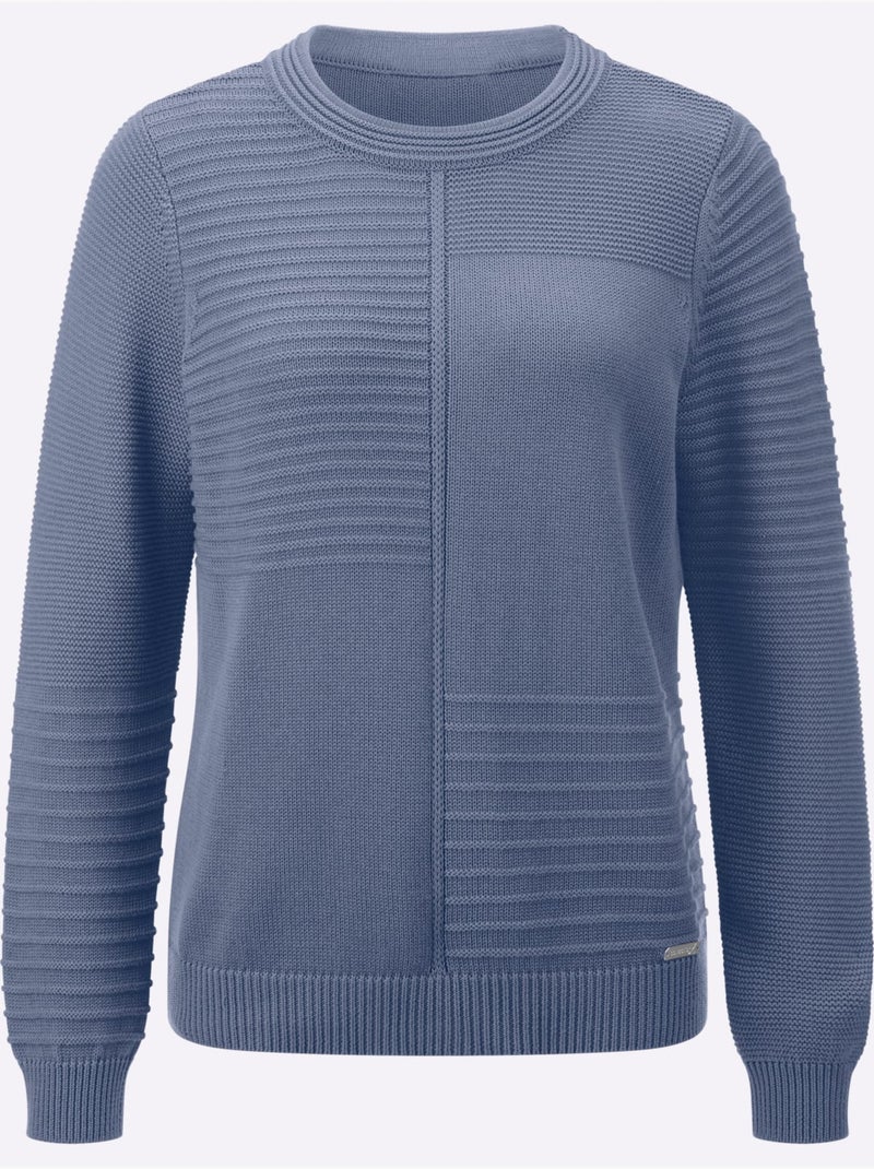 Pull encolure ronde avec finitions côtelées et motifs tricotés - Taille standard - Witt Gris tourterelle - Kiabi