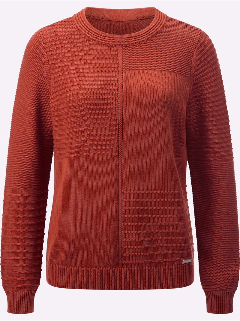 Pull encolure ronde avec manches longues et motif texturé - Taille standard - Witt Orange/Rouge - Kiabi