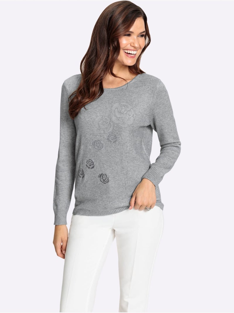 Pull encolure ronde avec manches longues motif floral et pierres - Taille standard - Witt Gris chiné - Kiabi