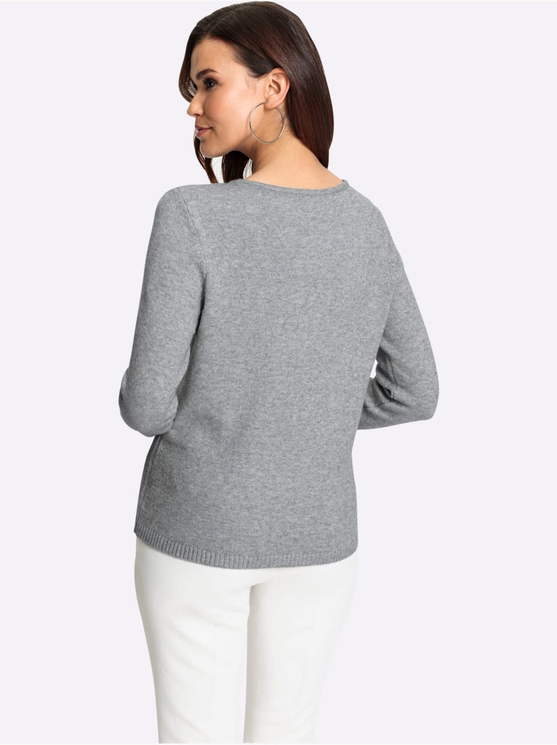 Pull encolure ronde avec manches longues motif floral et pierres - Taille standard - Witt Gris chiné - Kiabi