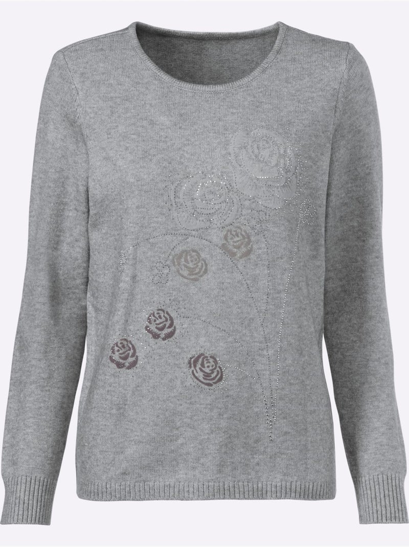 Pull encolure ronde avec manches longues motif floral et pierres - Taille standard - Witt Gris chiné - Kiabi