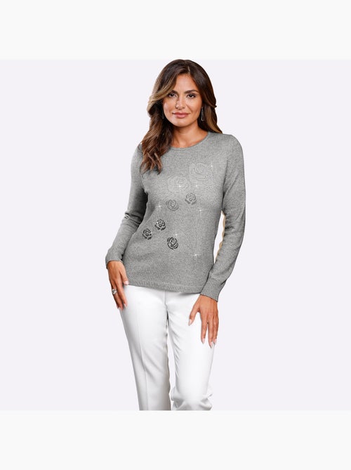 Pull encolure ronde avec manches longues motif floral et pierres - Taille standard - Witt - Kiabi Pull encolure ronde avec manches longues motif floral et pierres - Taille standard - Witt - Kiabi