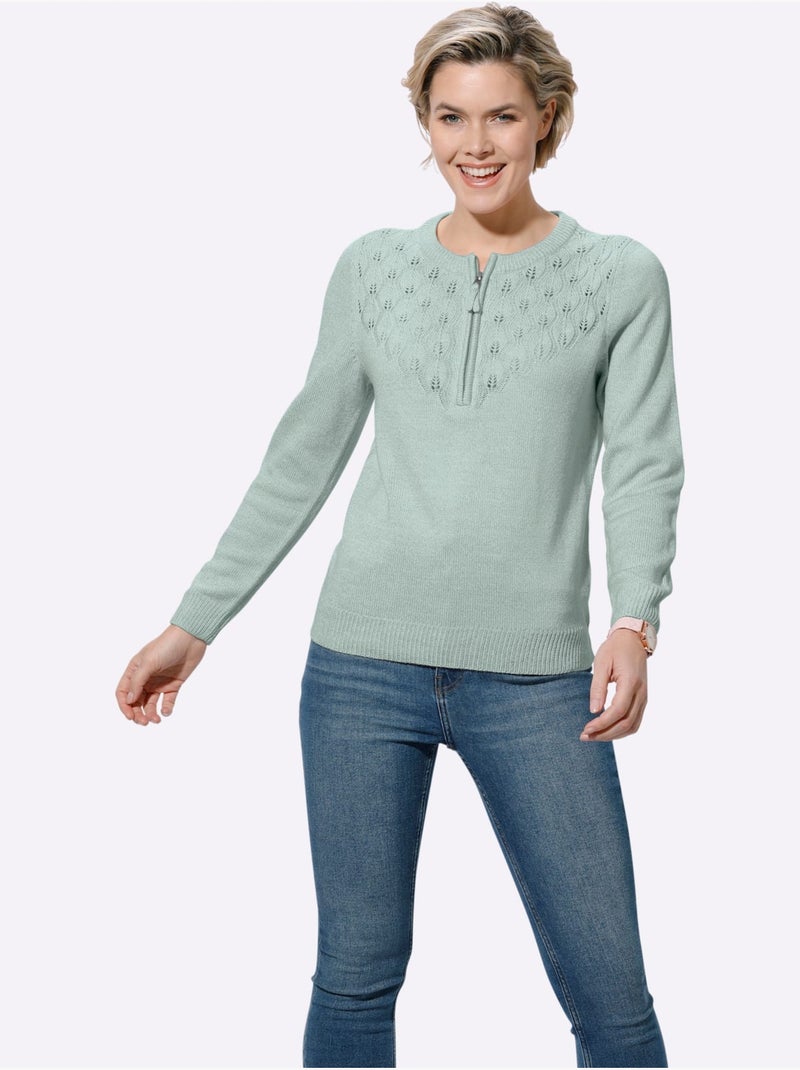 Pull encolure ronde avec motif ajouré et finition côtelée - Taille standard - Witt Menthe - Kiabi