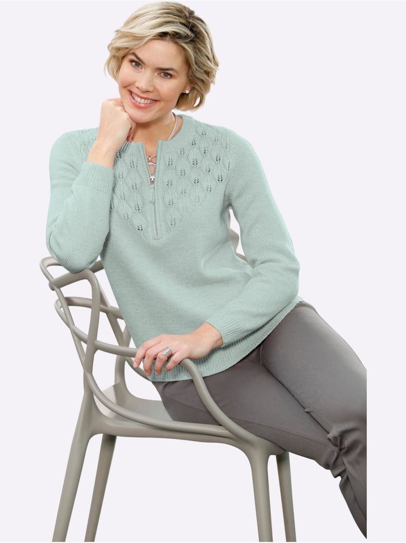 Pull encolure ronde avec motif ajouré et finition côtelée - Taille standard - Witt Menthe - Kiabi