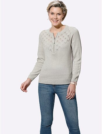Pull encolure ronde avec motif ajouré en v et manches longues - taille standard - witt