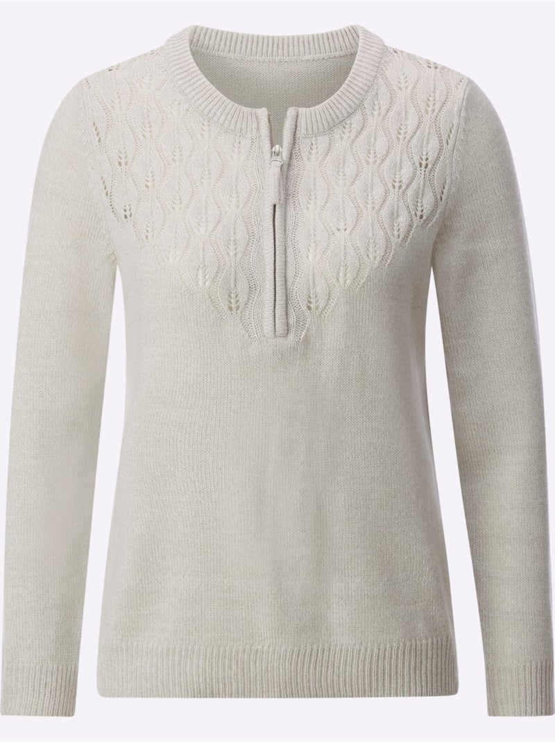 Pull encolure ronde avec motif ajouré et manches longues - Taille standard - Witt Gris clair - Kiabi