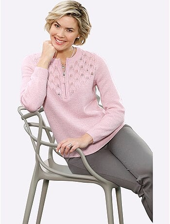 Pull encolure ronde avec motif ajouré en V et manches longues - Taille standard - Witt