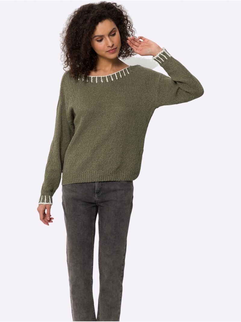 Pull Encolure Ronde Détails Contrastés - Taille Standard - Helline Blanc Kaki - Kiabi