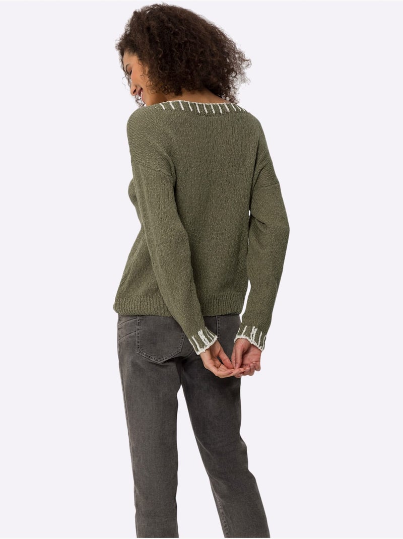 Pull Encolure Ronde Détails Contrastés - Taille Standard - Helline Blanc Kaki - Kiabi