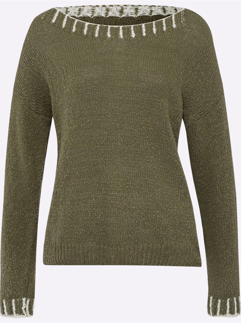 Pull Encolure Ronde Détails Contrastés - Taille Standard - Helline Blanc Kaki - Kiabi