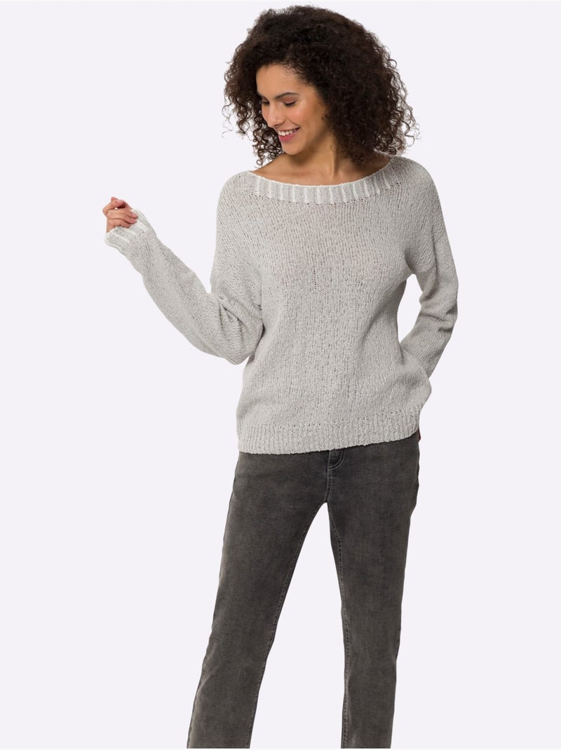 Pull Encolure Ronde Détails Contrastés - Taille Standard - Helline Gris Blanc - Kiabi