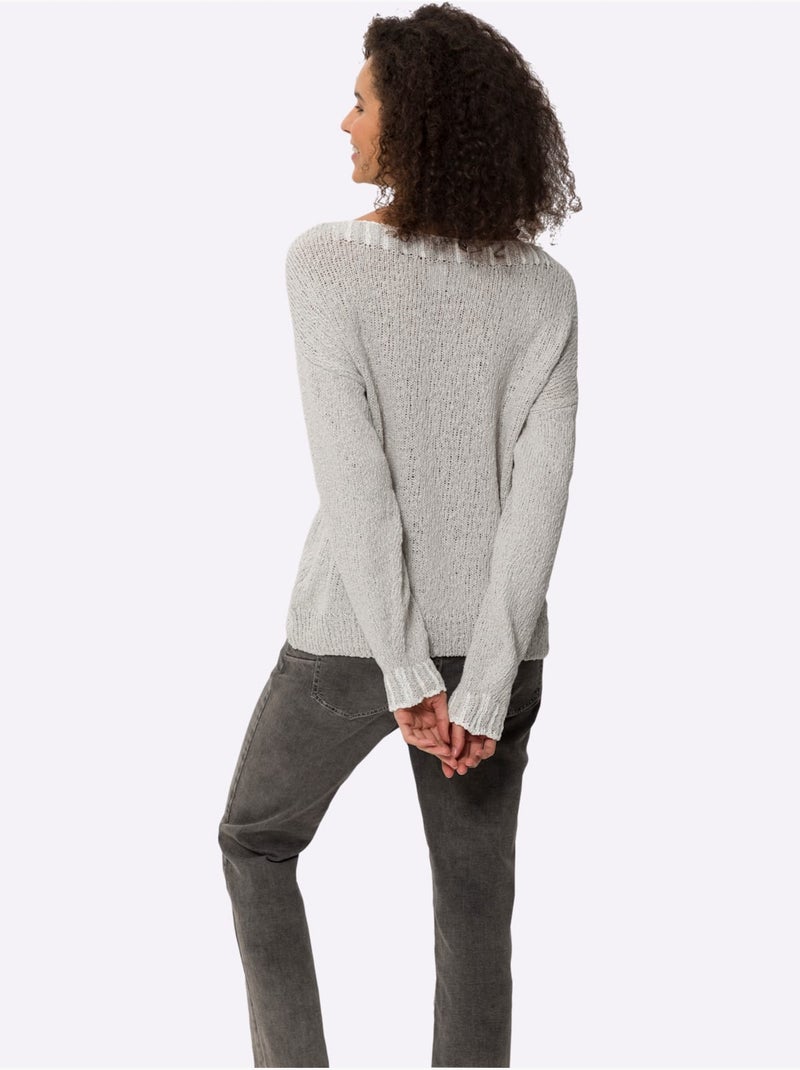 Pull Encolure Ronde Détails Contrastés - Taille Standard - Helline Gris Blanc - Kiabi
