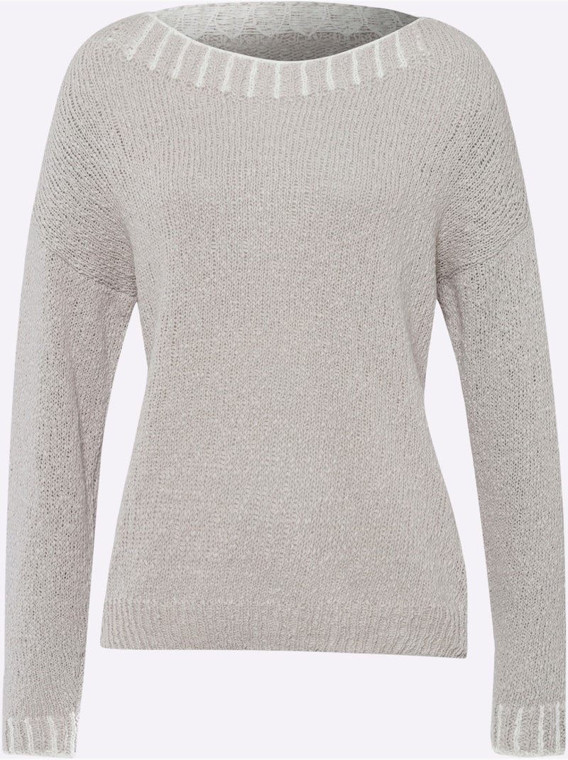 Pull Encolure Ronde Détails Contrastés - Taille Standard - Helline Gris Blanc - Kiabi
