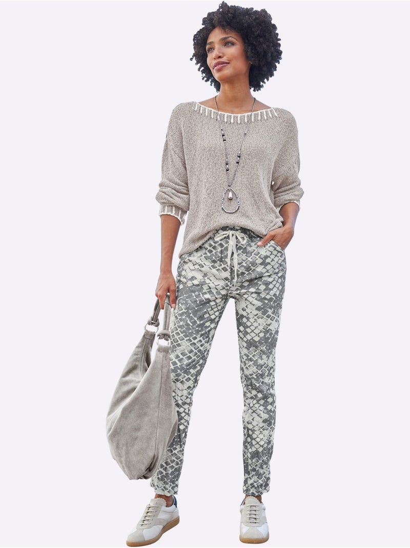 Pull Encolure Ronde Détails Contrastés - Taille Standard - Helline Gris Blanc - Kiabi