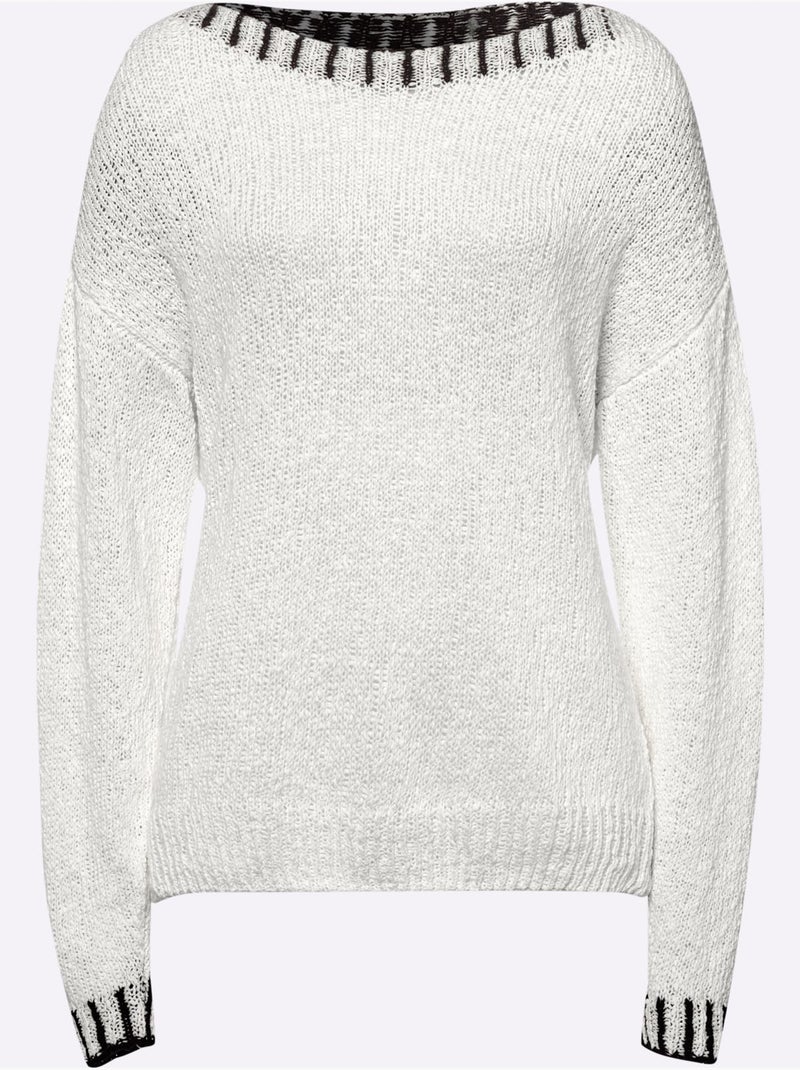 Pull Encolure Ronde Détails Contrastés - Taille Standard - Helline Noir Ecru - Kiabi