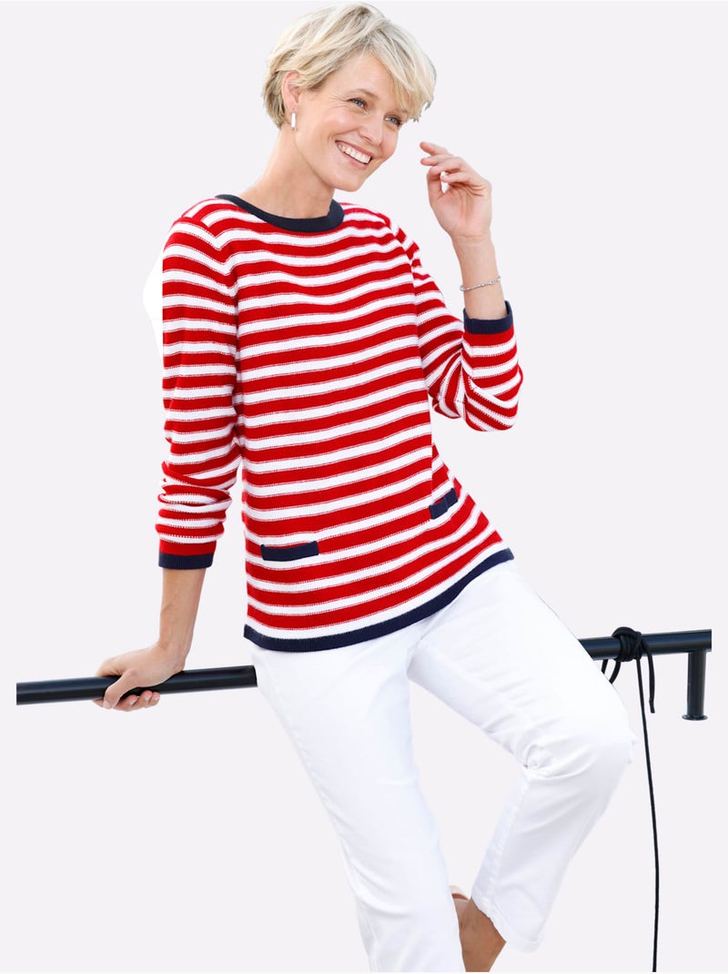 Pull Encolure Ronde Détails Contrastés - Taille Standard - Moda Vilona Blanc Rouge - Kiabi