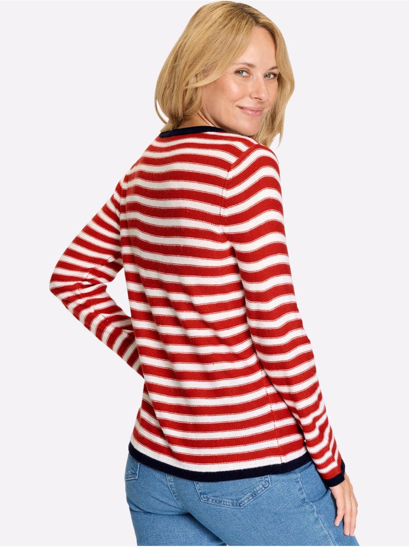Pull Encolure Ronde Détails Contrastés - Taille Standard - Moda Vilona Blanc Rouge - Kiabi