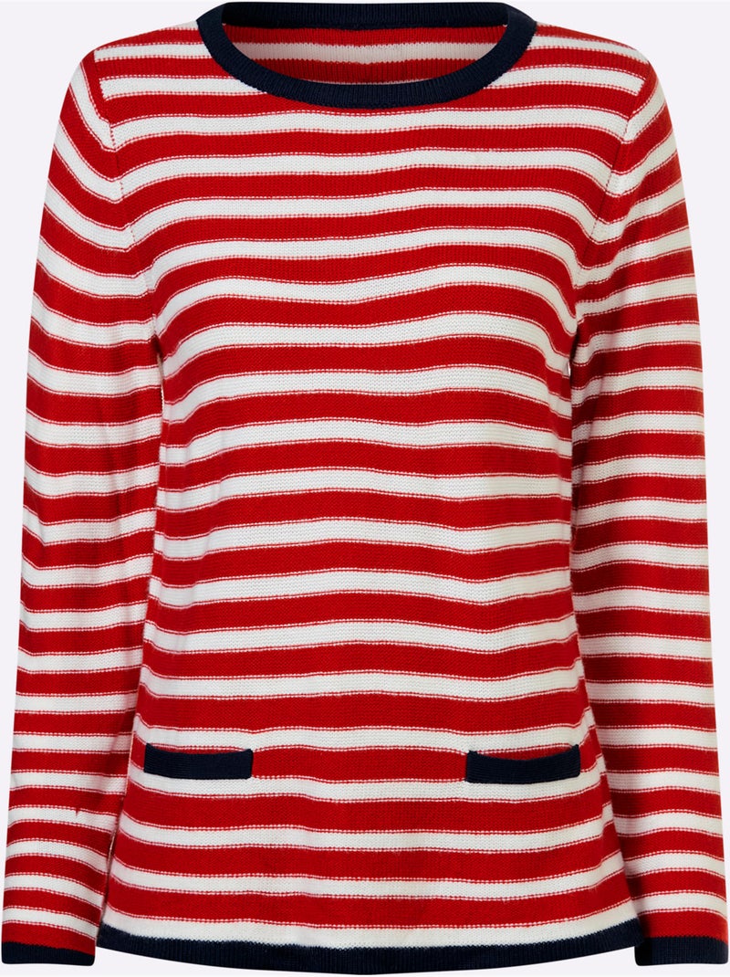 Pull Encolure Ronde Détails Contrastés - Taille Standard - Moda Vilona Blanc Rouge - Kiabi