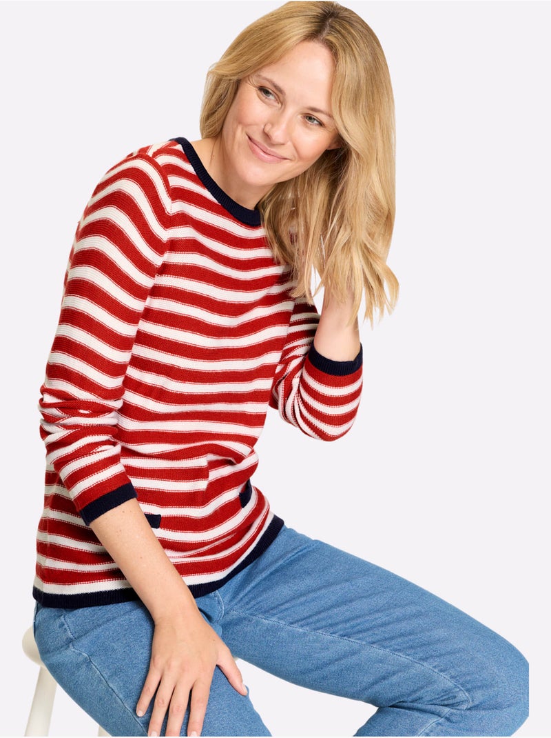 Pull Encolure Ronde Détails Contrastés - Taille Standard - Moda Vilona Blanc Rouge - Kiabi