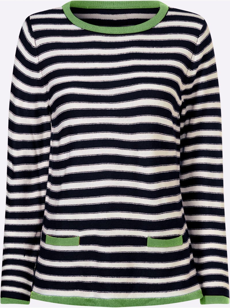 Pull Encolure Ronde Détails Contrastés - Taille Standard - Moda Vilona Bleu Blanc - Kiabi