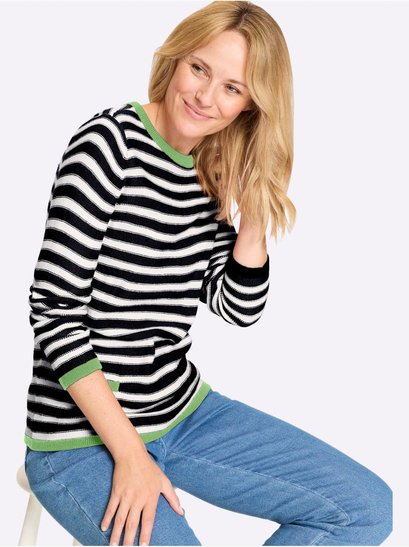 Pull Encolure Ronde Détails Contrastés - Taille Standard - Moda Vilona Bleu Blanc - Kiabi