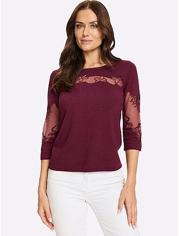 Pull Encolure Ronde Empiècements Brodés Transparents - Taille Standard - Helline