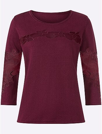 Pull Encolure Ronde Empiècements Brodés Transparents - Taille Standard - Helline