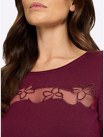 Pull Encolure Ronde Empiècements Brodés Transparents - Taille Standard - Helline
