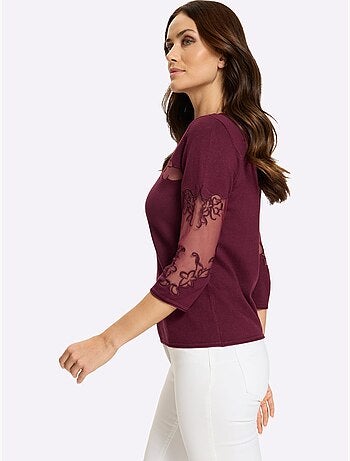 Pull Encolure Ronde Empiècements Brodés Transparents - Taille Standard - Helline
