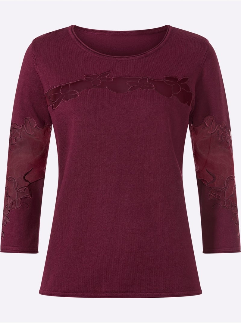 Pull Encolure Ronde Empiècements Brodés Transparents - Taille Standard - Helline Bordeaux - Kiabi